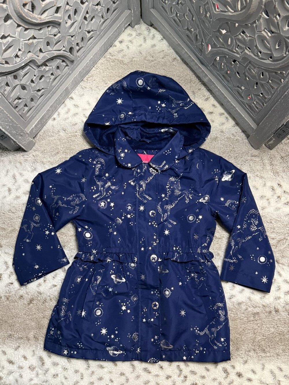 London Fog navy puffer jacket girls 5T celestial stars unicorn magical school